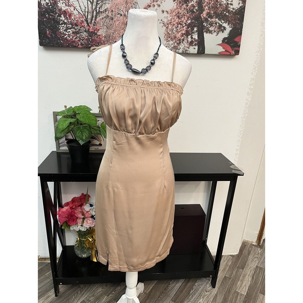 Fashion Nova Tall Jane Satin Mini Dress Beige Taupe Size M NWT